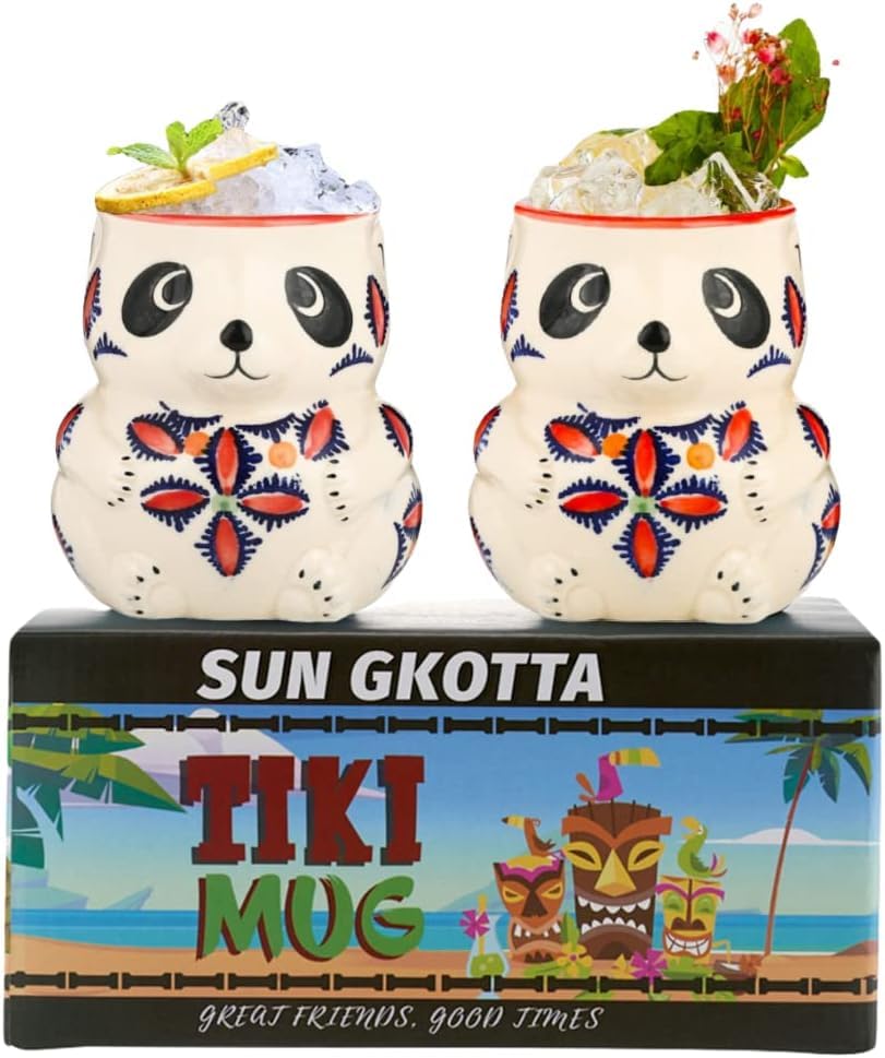 Tiki Mugs Cocktail Set of 2 - Ceramic Hawaiian Party Mugs Drinkware, Cute Cocktail Glasses, Tiki Bar Professional Barware