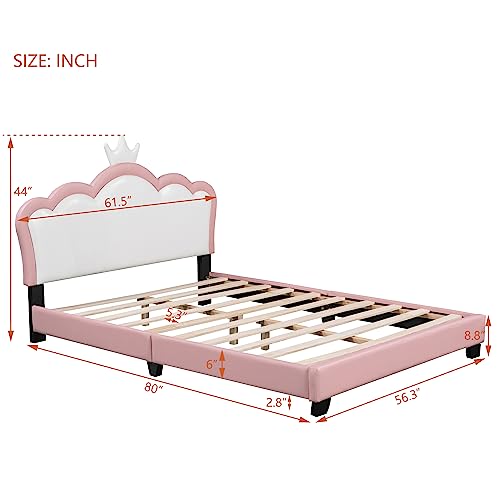 Bellemave Twin Size Upholstered Princess Bed with Crown Headboard, Twin Size Platform Bed with Headboard and Footboard for Kids Teens, No Box Spring Needed (White+Pink)