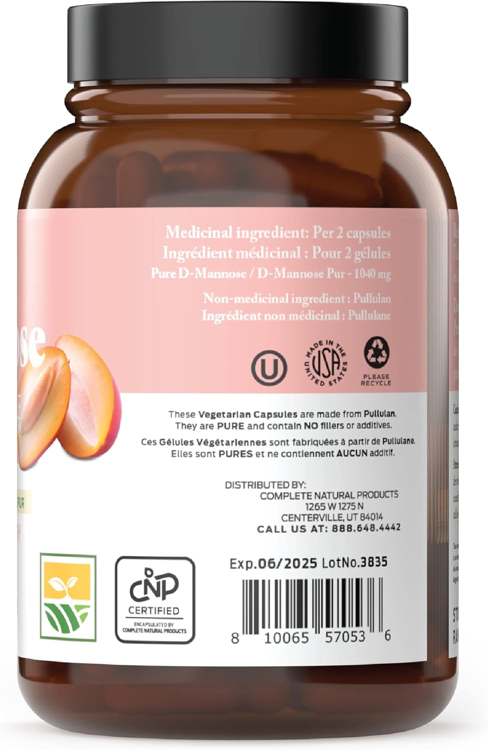 Complete Natural Products Organic D-Mannose Capsules - Pure D-Mannose Pills 100 Count for UTI, Bladder, & Urinary Tract Health