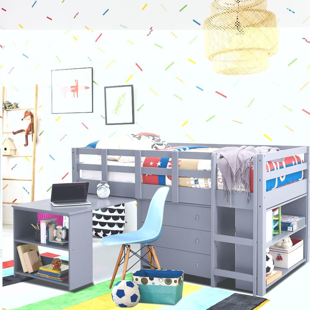 Naomi Home Low Loft Bed Twin Loft Bed with Desk and Storage Kids Beds for Boy Solid Pine Wood Toddler Loft Bed with Storage, Ladder Storage Guard Rails, No Box Spring Needed, Loft Bed Gray