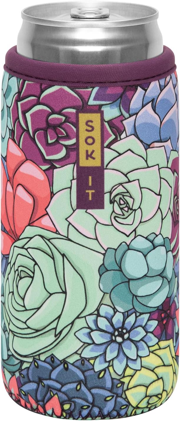 Sok It Can Sok Sleeve for Beer & Soda Insulated Neoprene Cover (Succulents, 12oz Slim Can Sleeve)