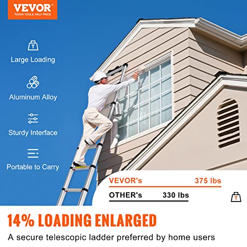 VEVOR Telescoping Ladder, 15 FT Aluminum One-Button Retraction Collapsible Extension Ladder, 400 LBS Capacity with Non-Slip Feet, Portable Multi-Purpose Compact Ladder for Home, RV, Loft, ANSI Liste