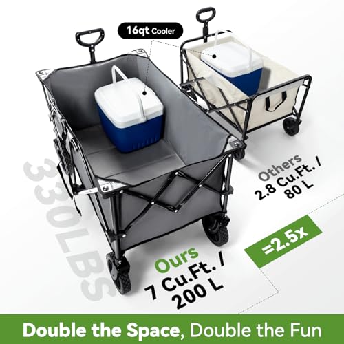 Hikenture Collapsible Wagon 330LBS Capacity, 200L Extra Large Wagons Carts Foldable, Heavy Duty Folding Wagon with All-Terrain Wheels, Utility Beach Wagon for Outdoor Garden (Grey)