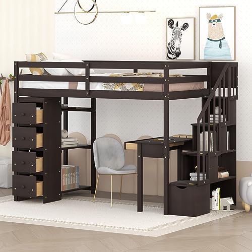 JINS&VICO Twin Size Loft Bed with Desk Storage Stairs and Drawers,Bed Frame with Shelves,Wooden Loft Bed with Full-Length Guardrail,No Need Box Spring,White