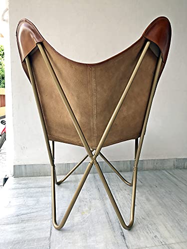 Leather Living Room Chairs-Butterfly Chair Brown Leather Butterfly Chair-Handmade with Powder Coated Folding Iron Frame (Cover with Folding Frame) (Golden Frame)