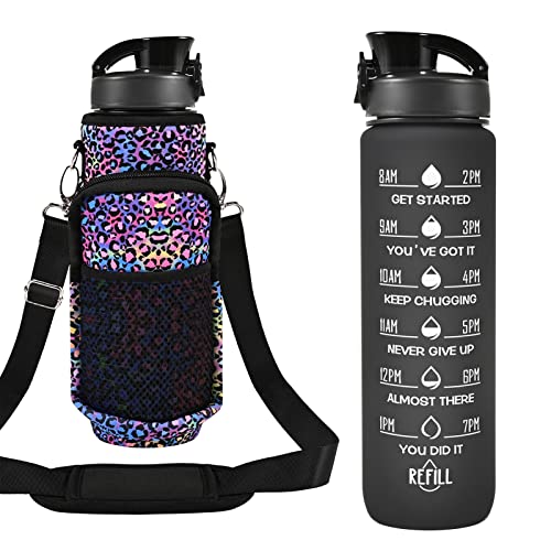32 oz Water Bottles with Straw & Strap, Motivational Water Bottles with Times to Drink, BPA Free Reusable Sports Water Bottle with Sleeve Carrier for Hiking, Travel, Running or Fitness