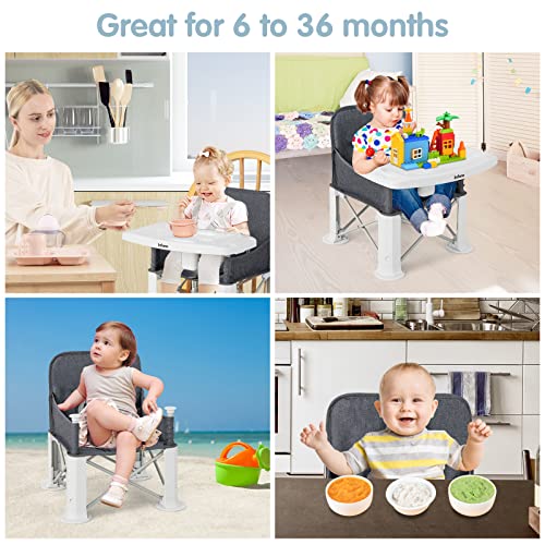 INFANS Baby Travel Booster Seat, Folding Portable Sit Up Chair for Dining Table, Compact Booster Chair with Detachable Double Trays Storage Bag Safety Harness for Boys Girls Outdoor Indoor Black
