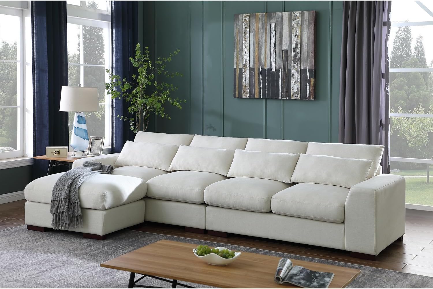 Devion Furniture 123.24'' Fabric Square Arm Modular Reversible Sectional Sofa & Ottoman-Beige