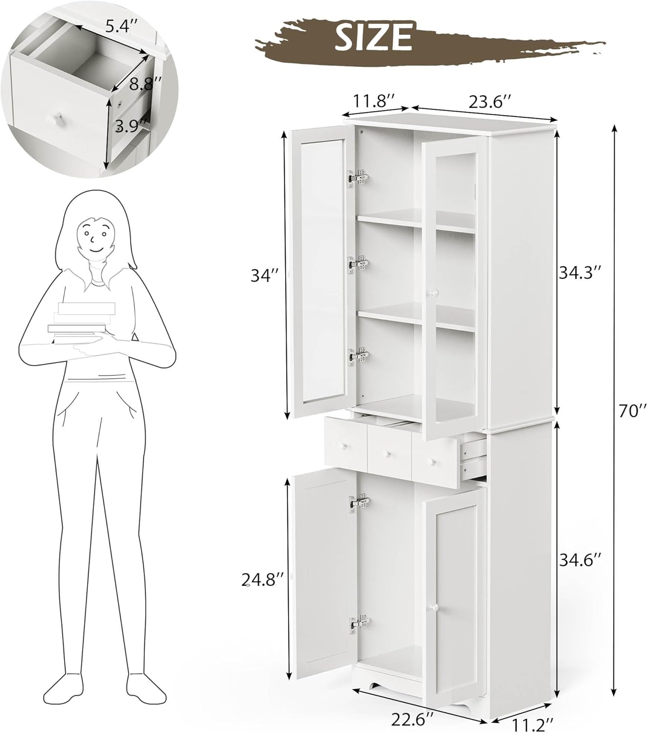 70“ Tall Home Office Bookshelf with Drawers and Shelves, 3-Tier White Large Storage Shelves, Display Cabinet with LED Lights,Modern Wood Display Bookshelf (23