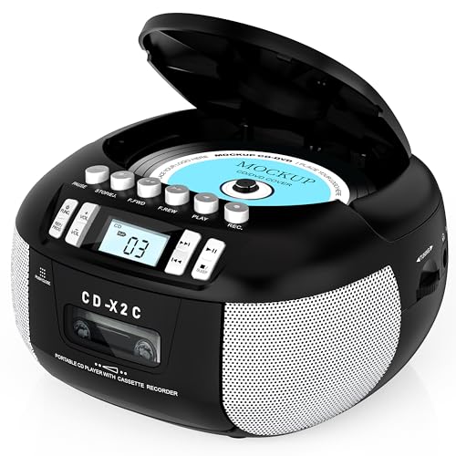 CD Player Boombox & CD Cassette Player Combo, CD Player Portable with CD-R/CD-RW/WMA Compatible,Battery Powered AM FM Radio, Stereo Sound, Programmable, LCD Display, Headphone Jack (Black)