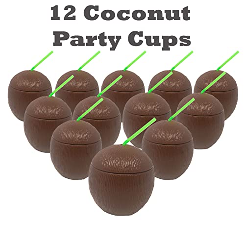 12 Piece Tropical Luau Theme Coconut Cups - 12 Oz Hawaiian Plastic Mugs with Straw and Removable Lid - Set for Drinking Cups or Party Favors - Perfect for Beach, Pool, and Tiki Parties