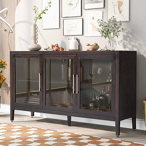 Amposei Modern Glass Door Sideboard Cabinet 58.2-Inch Credenza Console Cabinet Dining Buffet with Adjustable Shelf for Living Room Entryway (Brown)