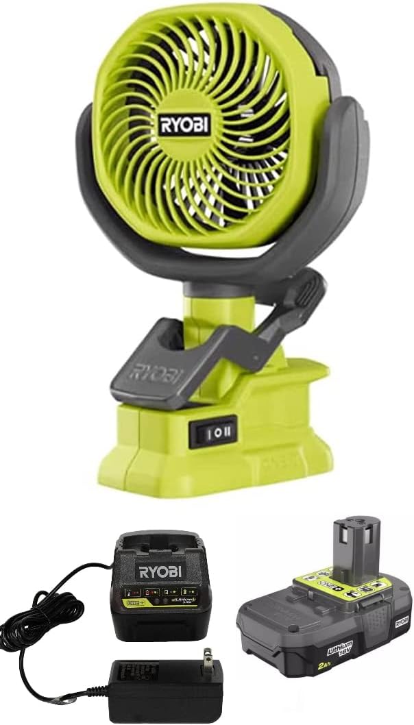 Techtronics Ryobi 18-Volt Personal Battery Powered Clip Fan Kit with 2.0 Ah Battery and Charger KIT (Renewed)