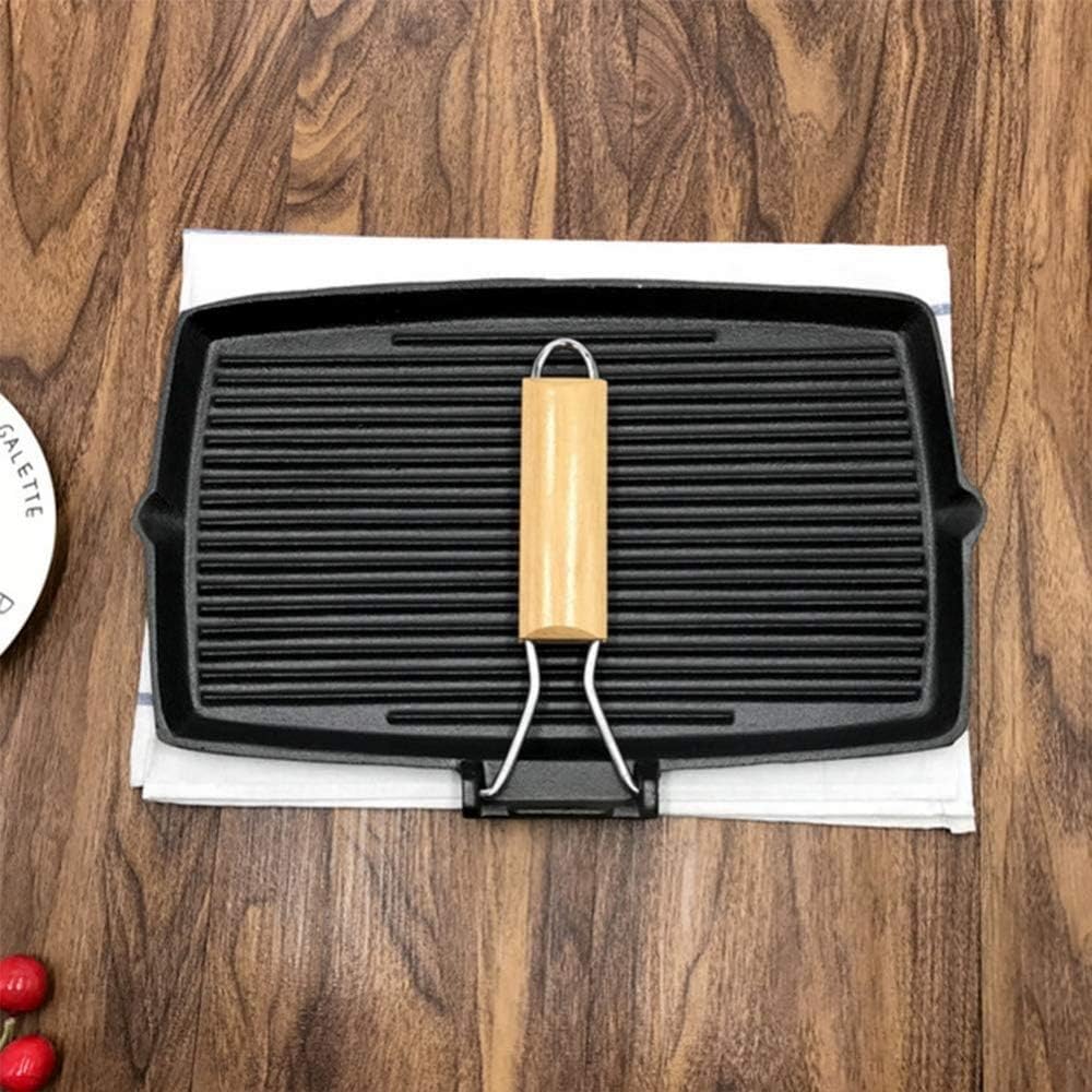 Cast Iron Grill pan, with Folding Handle, Rectangular, for Steak or BBQ,Steak pan with Wooden Handle, Cookware Griddle Pan Non,Grill with Folding Handle, Cast Iron Pans
