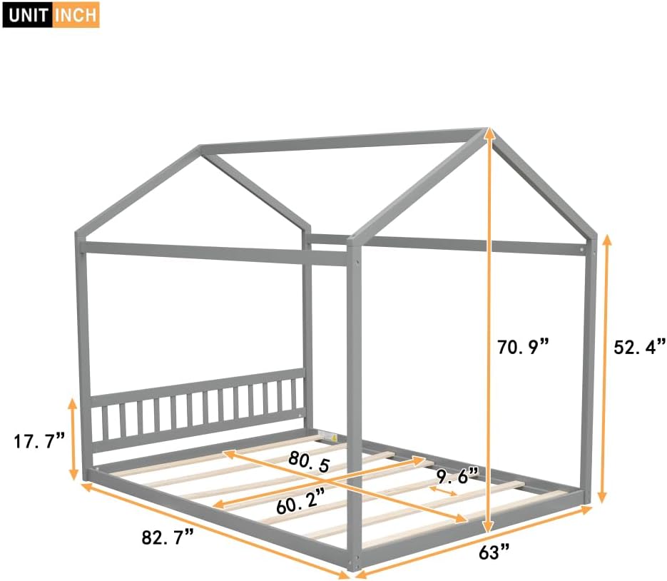 Queen Size Wooden House Bed with Headboard,Gray 1-Numbers of Package Pine Wood+MDF 500Lb 7pcs 82.7