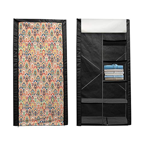 Ambesonne Geometric Portable Fabric Wardrobe, Oriental Floral Display in Old Fashioned Traditional Style Textured Craft Motif, Clothing Organizer and Storage Closet with Shelves, 42.5