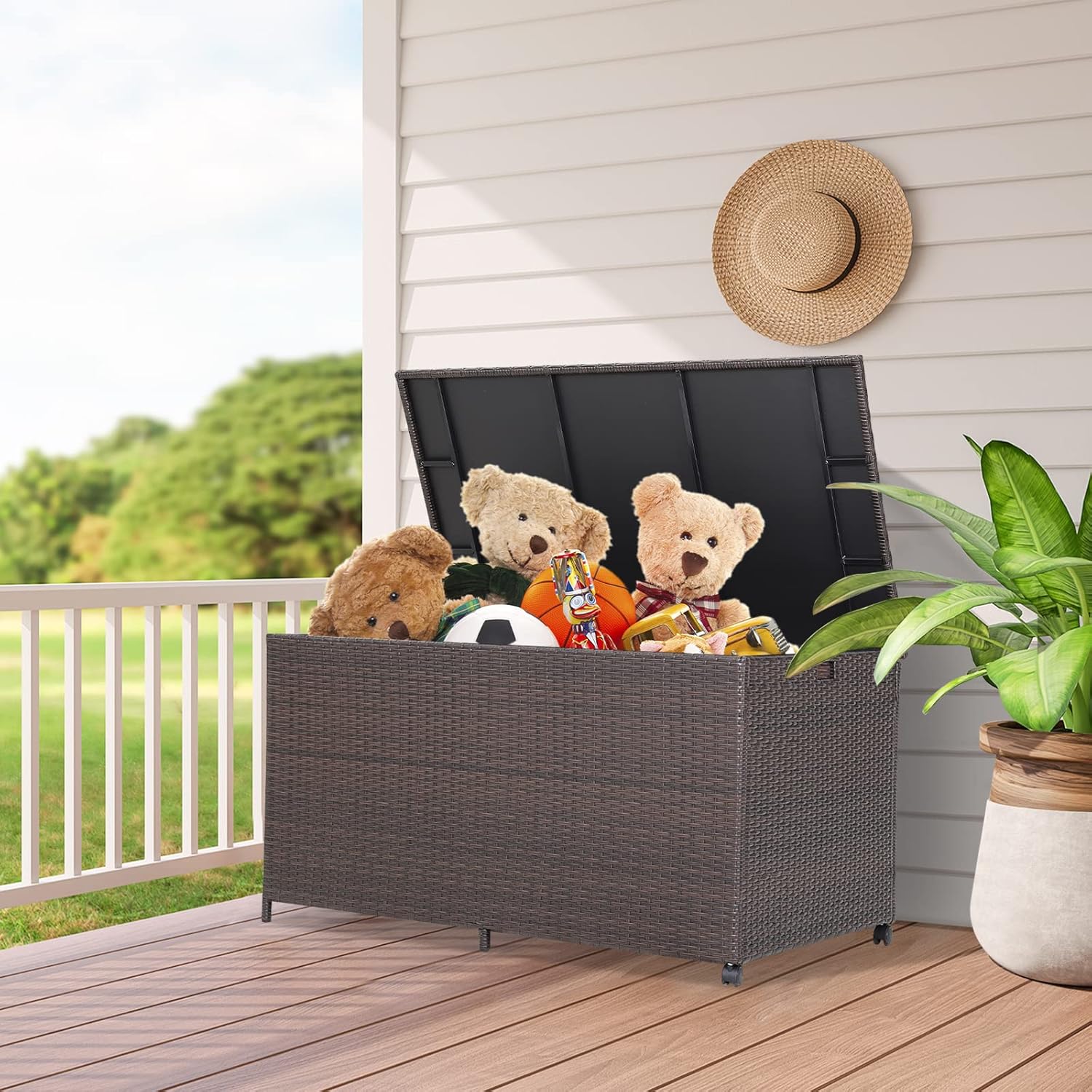 HAPPYGRILL 133 Gallon Outdoor PE Wicker Storage Box Rattan Deck Container with Waterproof Liner and 2 Universal Wheels, Garden Furniture Container Box for Cushions Garden Tools