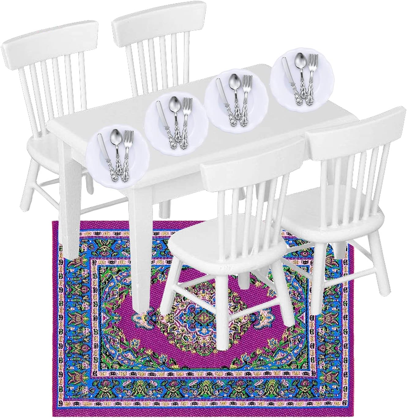 G0lden&Mang0 22Pcs Dollhouse Furniture Set, 112 Dollhouse Decoration 1Pc Wooden Dining Table and 4Pcs Chair, 1Pc Mini Carpet Turkey Rugs, 4Pcs Plates and 12Pcs Knives Forks Spoons for Kids Gift