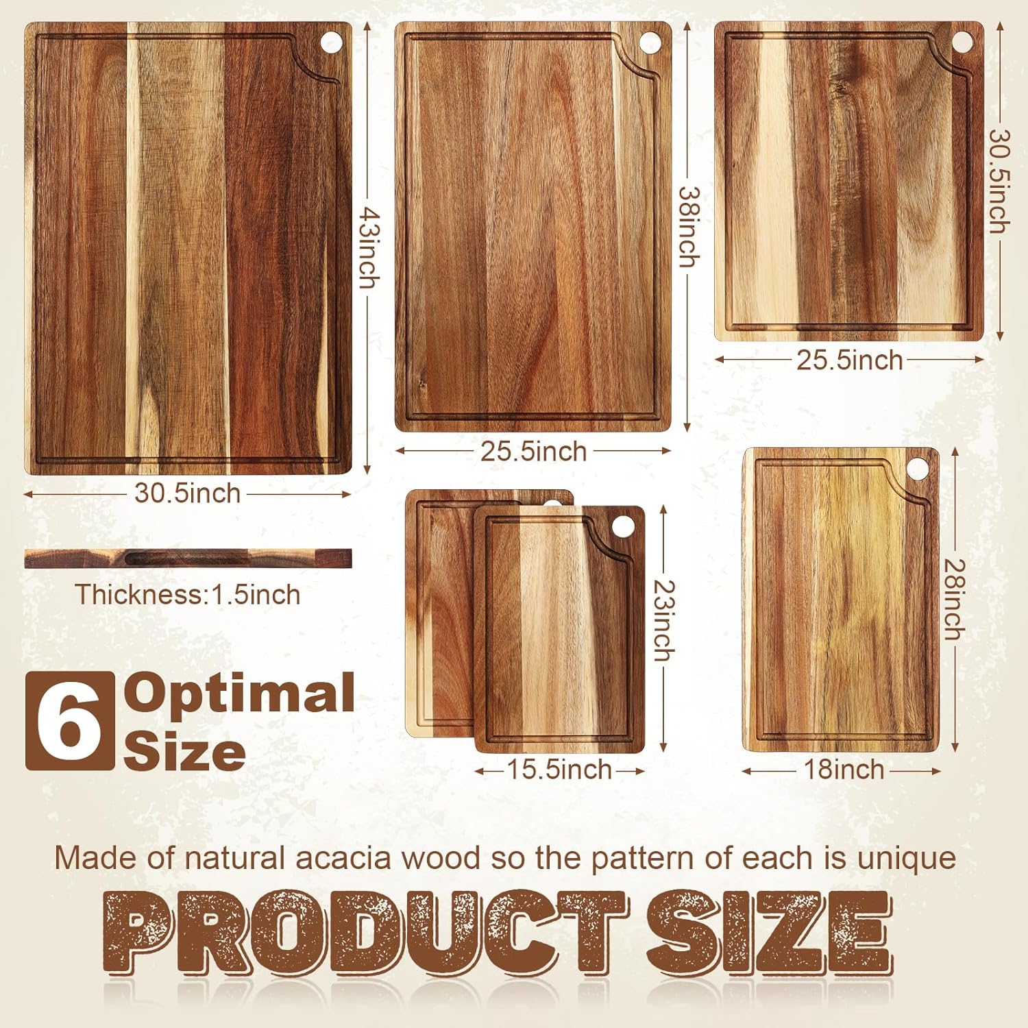 Set of 6 Acacia Wood Cutting Board for Kitchen Set Charcuterie Boards Wooden Chopping Board for Meat,17 x 12, 15 x 10, 12 x 10, 11 x 7, Double 9 x 6.1 Inch, Housewarming Gifts