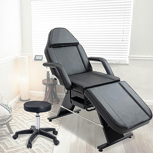 Massage Salon Tattoo Chair with Two Trays Esthetician Bed with Hydraulic Stool Multi-Purpose 3-Section Facial Bed Table Adjustable Beauty Barber Spa Beauty Equipment Black