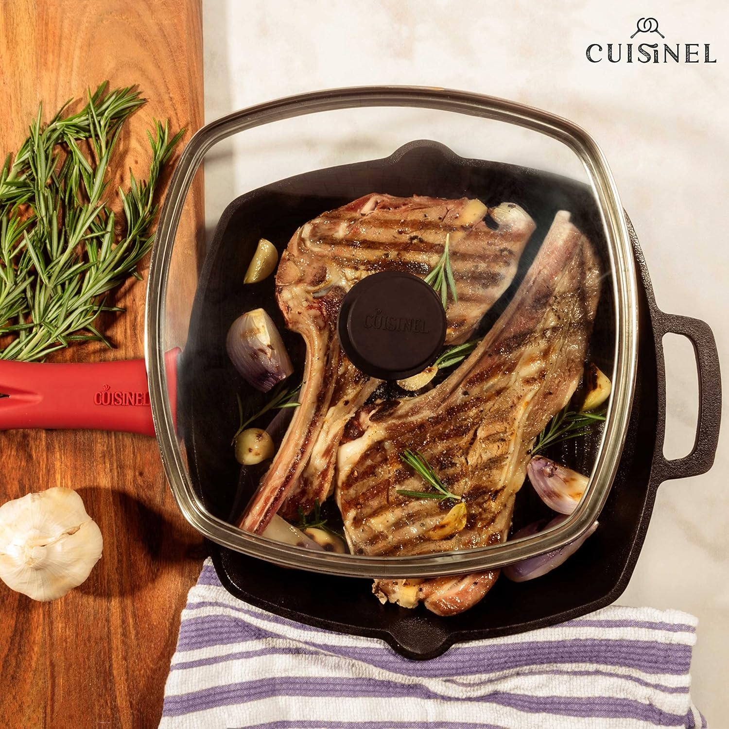 Cuisinel Cast Iron Grill Pan + Rectangular Cast Iron Grill Press + Tempered Glass Lid + Pan Organizer Rack + Pan Scraper – Pre-Seasoned Skillet + Storage – 10.5