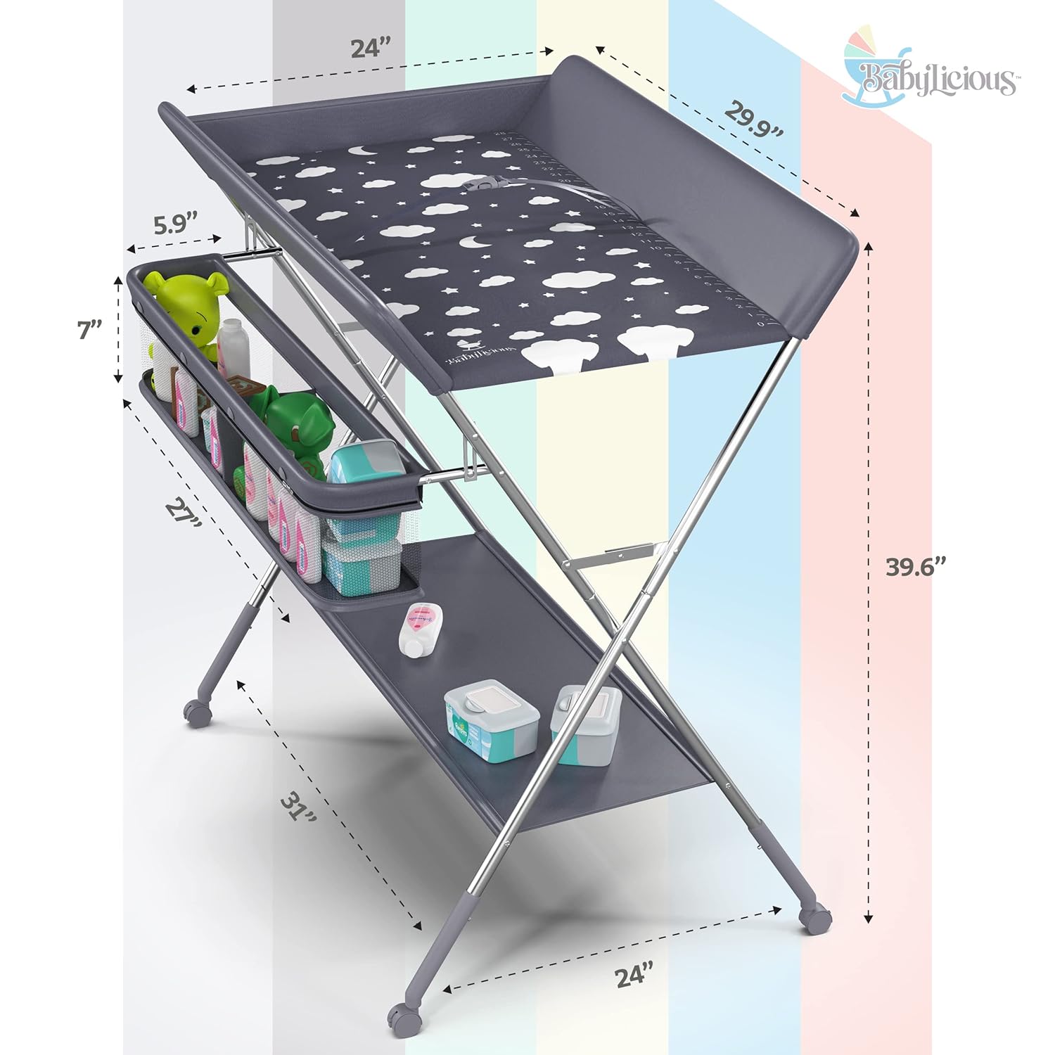 Baby Portable Changing Table - Foldable Changing Table with Wheels - Portable Diaper Changing Station - Adjustable Height Baby Changing Table-Safety Belt and Large Storage Rack for Infants