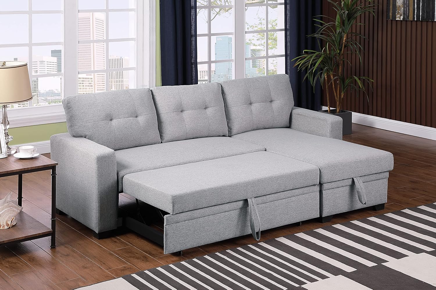 Devion Furniture Lenna Reversible Sectional Sleeper Sofa & Chaise, Light Gray