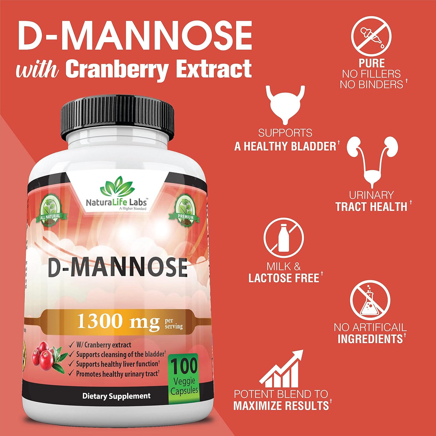 D-Mannose 1,300 mg with Cranberry Extract Fast-Acting, Flush Impurities, Urinary Tract Health- 100 Veggie Capsules