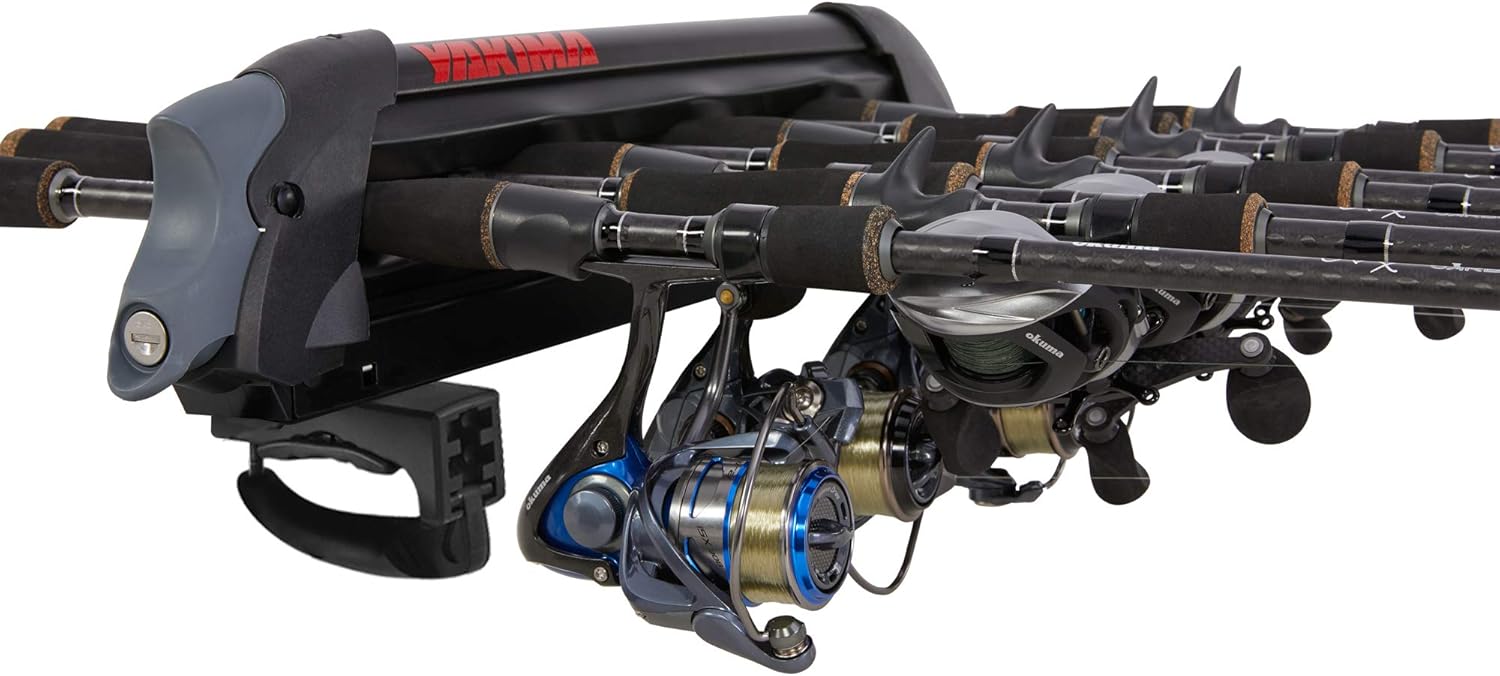 YAKIMA ReelDeal Padded Fishing Pole Rod Roof Rack Mount, 4 Ski and 2 Snowboard Holder with Universal Mounting Hardware and SKS Locks, Black