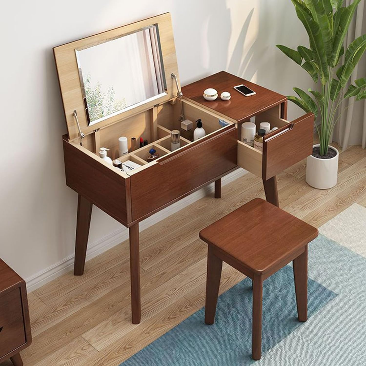 Solid Wood Dressing Table, Mini Minimalist Small House, Flip Top Storage Makeup Table Mirror, Bedroom Furniture with Drawers and Sorting Storage Compartments