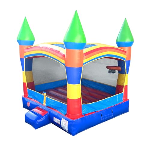 Pogo Bounce House Crossover Inflatable Bounce House, Rainbow Castle, 13 x 12 x 14.5 Foot, Outdoor Playhouse for Kids Outdoor Commercial Bouncer Castle, Basketball Hoop, Blower, Stakes, & Storage Bag