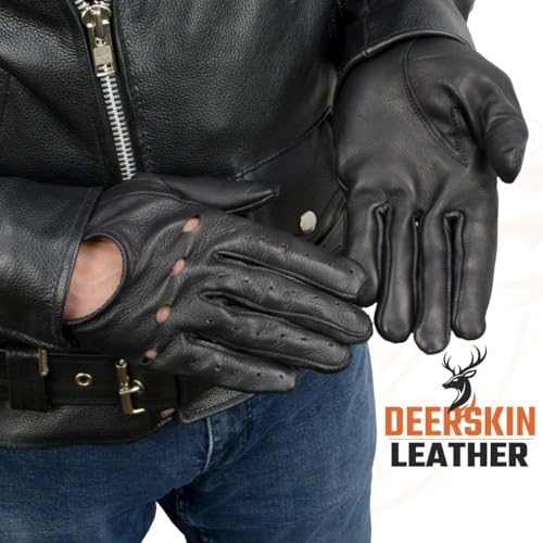 Milwaukee Leather SH869 Men's Black Perforated Deerskin Full Finger Motorcycle Hand Gloves W/Breathable ‘Open Knuckle’