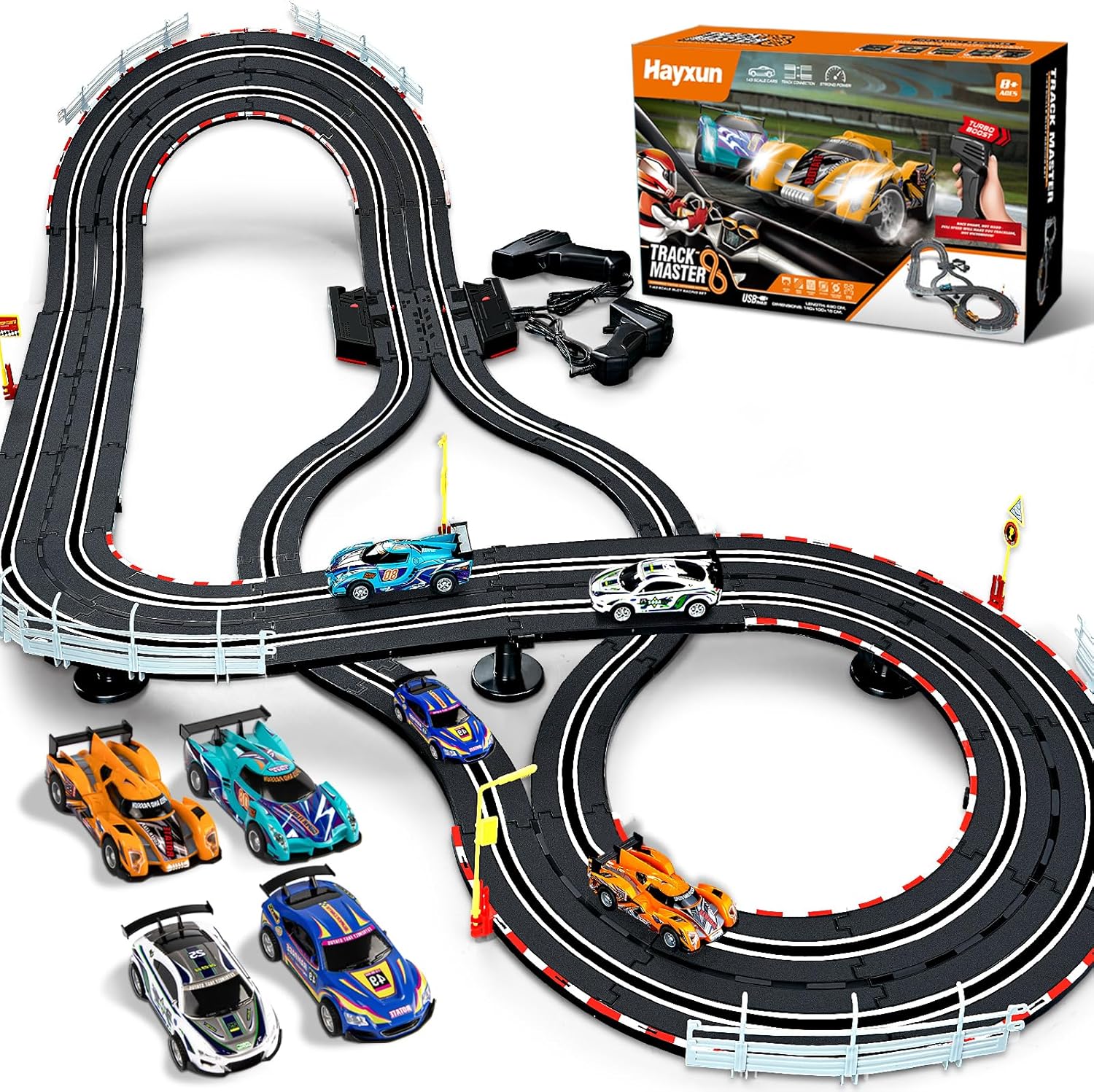 Electric Slot Car Race Track Sets - Race Car Track Sets with 4 High-Speed Slot Cars 1:43 with Headlights, 2 Hand Controllers, Dual Racing Game Lap Counter, Birthday, Toys for Children