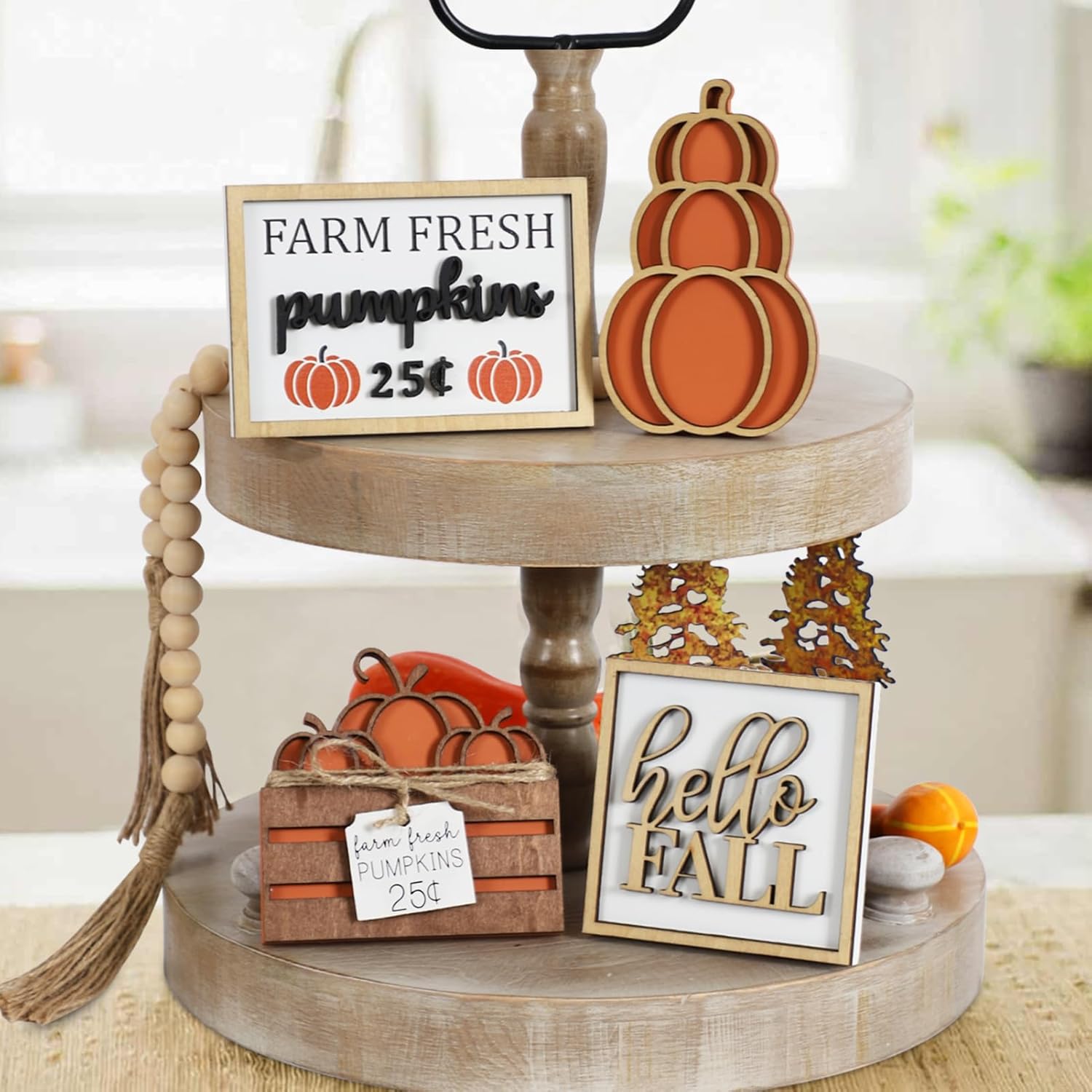 DAZONGE Fall Decor, 5PCS Fall Decorations for Home, Hello Fall, Stacked Pumpkin, Farm Fresh, Pumpkin Crate, Bead Garland, Fall Tiered Tray Decor, Rustic Fall Tabletop Decor