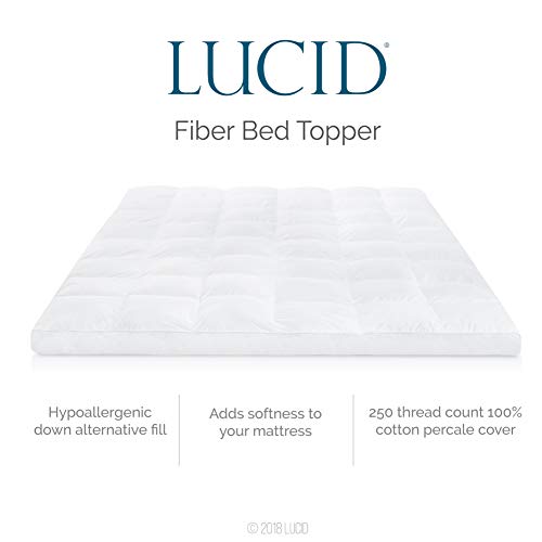 LUCID Soft and Breathable Quilted Cotton Percale Cover, Ultra Plush Down Alternative Fill, 3 Inch, Hypoallergenic, Machine Washable Mattress Topper, Twin XL, White