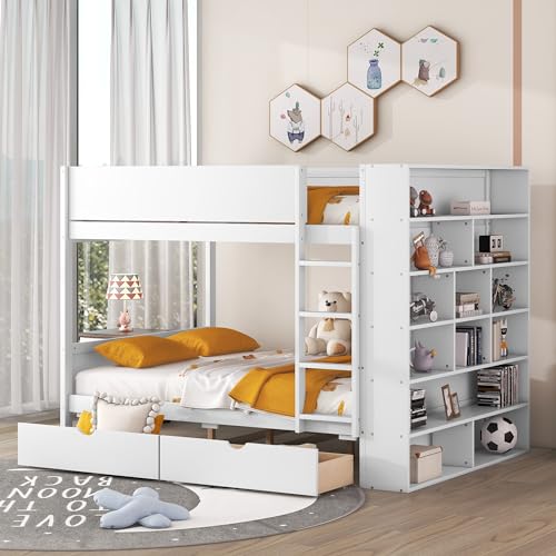 Twin Over Twin Bunk Beds with Storage Bookcase, Wood Bunk Bed Frame with 2 Drawers and Ladder for Kids Teens, No Box Spring Needed, White