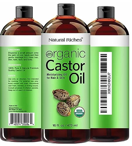 Natural Riches Organic Castor Oil Cold pressed USDA certified for Dry Skin Hair Loss Dandruff Thicker Hair - Moisturizes Skin Helps Hair growth Thicker Eyelashes Eyebrows Hexane free16 fl. oz.