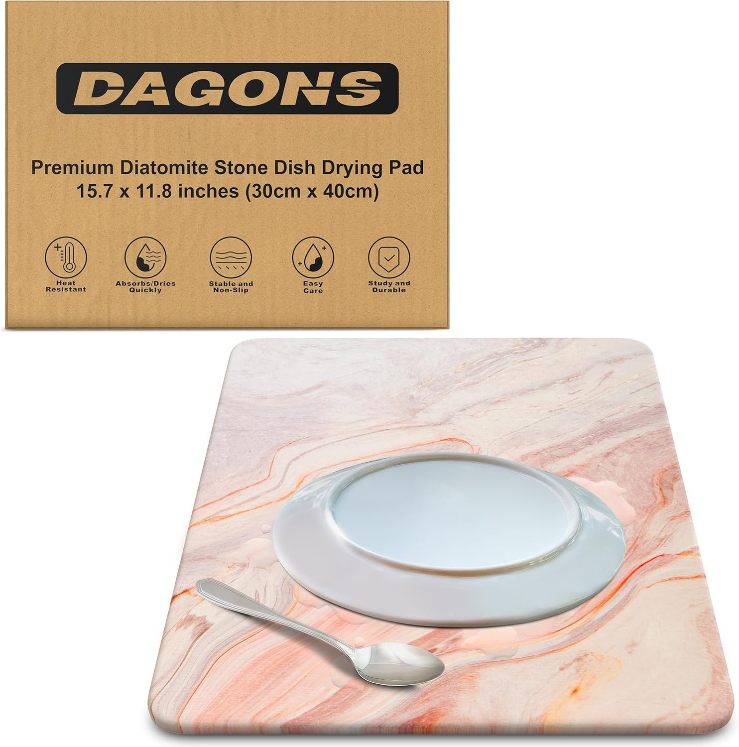 Premium Diatomite Stone Dish Drying Pad: Absorbent Eco-Friendly Kitchen Pad for Quick Drying - Non-Slip Surface, Easy to Clean - Perfect for Countertop Draining (15.7 x 11.8 inches, Pink Marble)