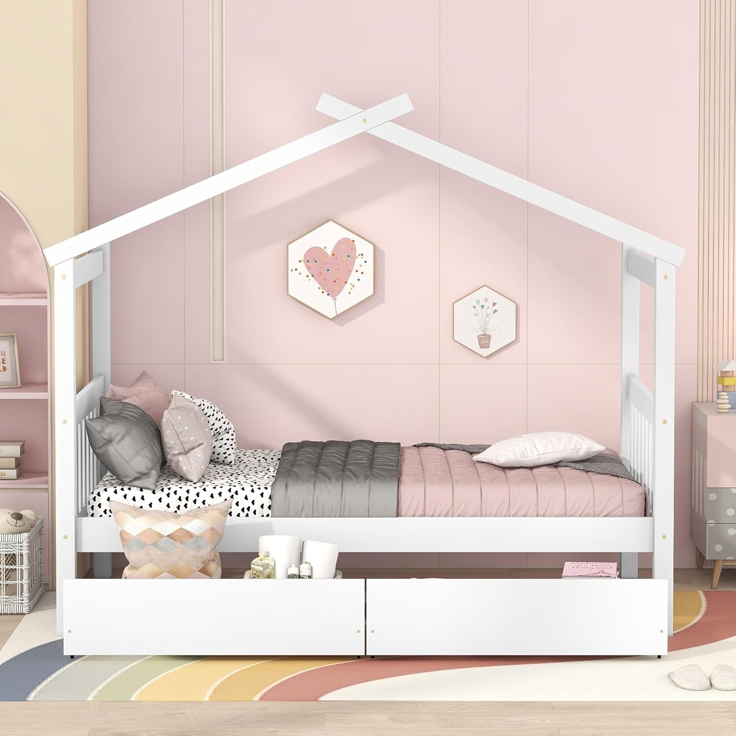 Twin Size Pine Wood House Bed with Storage Drawers for Kids White
