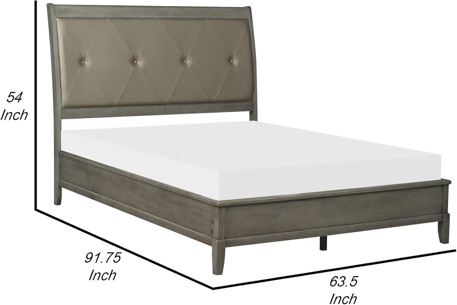 Benjara Hadly Classic Queen Sleigh Bed, Button Tufted Headboard, Gray Faux Leather
