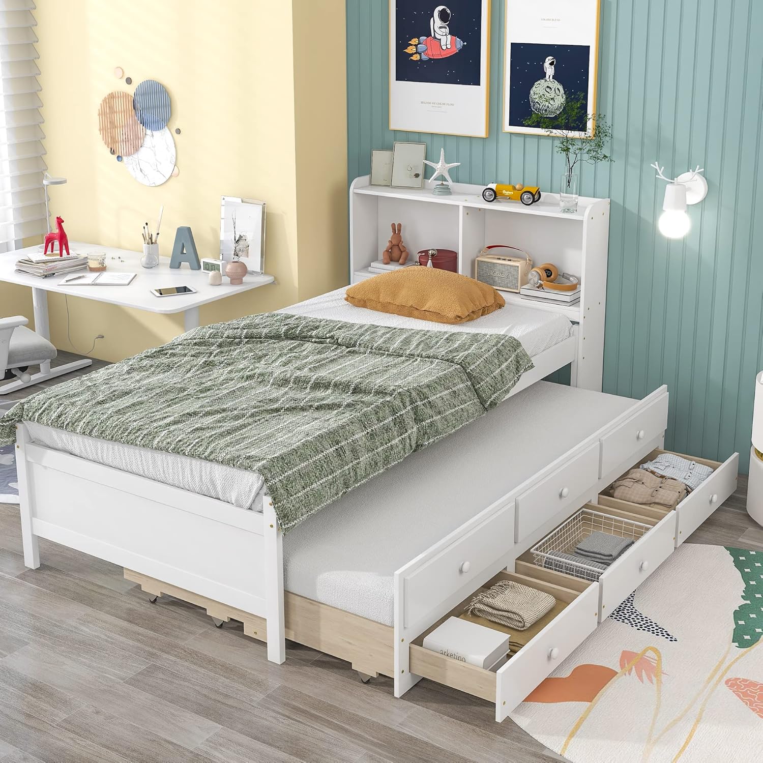 SOFTSEA Twin Captains Bed with Trundle and Drawers, Twin Size Platform Bed with Bookcase Headboard, Wood Twin Storage Bed for Kids Teens Adults, White…