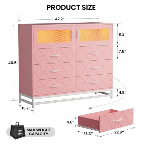 Dresser for Bedroom with LED Lights and Charging Station, 6 Drawer Double Dresser with 2 Shelves, Wide Modern Wooden Chest of Drawers for Bedroom, Entryway, Hallway, White