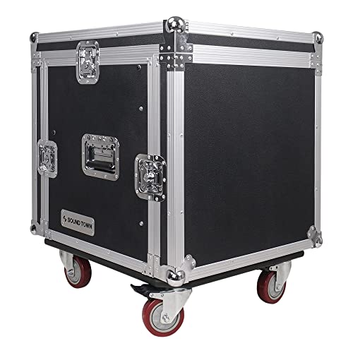 Sound Town 14U PA DJ Rack/Road Case with 11U Slant Mixer Top, 20’’ Rackable Depth and Casters, 14-Space ATA Case, Pro Tour Grade (STMR-14UW)