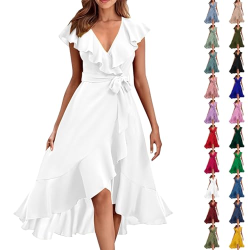 Summer Dresses for Women 2024 Trendy V Neck Ruffle Sleeve Flovy Dress for Womens Casual Irregular Hem Cocktail Sundresses
