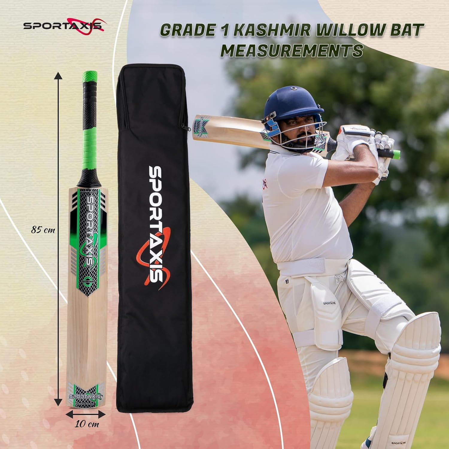 SPORTSAXIS Hitwin Grade 2 Kashmir Willow Cricket Bat, Rubber Grip, Concave Back Profile, Semi Round Bottom, Full Size