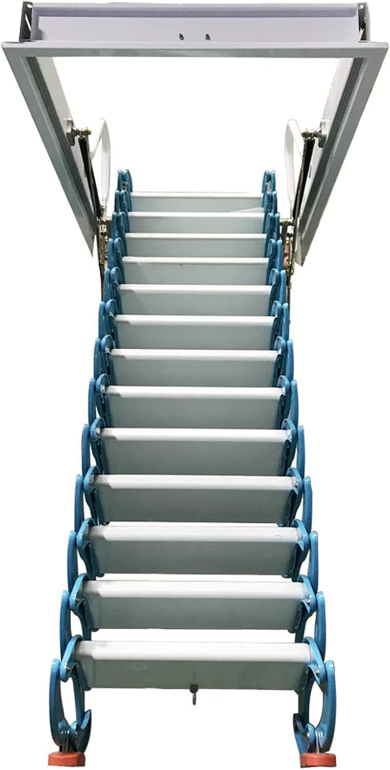 TECHTONGDA 10.5ft Blue Attic Ladder Ceiling Pull Down Folding Stairs with 13 Steps Adjustable & Space Saving Attic Stairs Mg-Al Alloy Step Ladder Opening Size 31.5'' x 35.4'' Attic Access Ladder