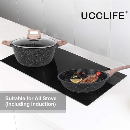 Ucclife 10pcs Pots and Pans Set Nonstick, Granite Frying Pans Induction Kitchen Cookware Sets, with Wood Print Handles Frying Pans, Saucepans, Steamer Shovel Spoon, Beige