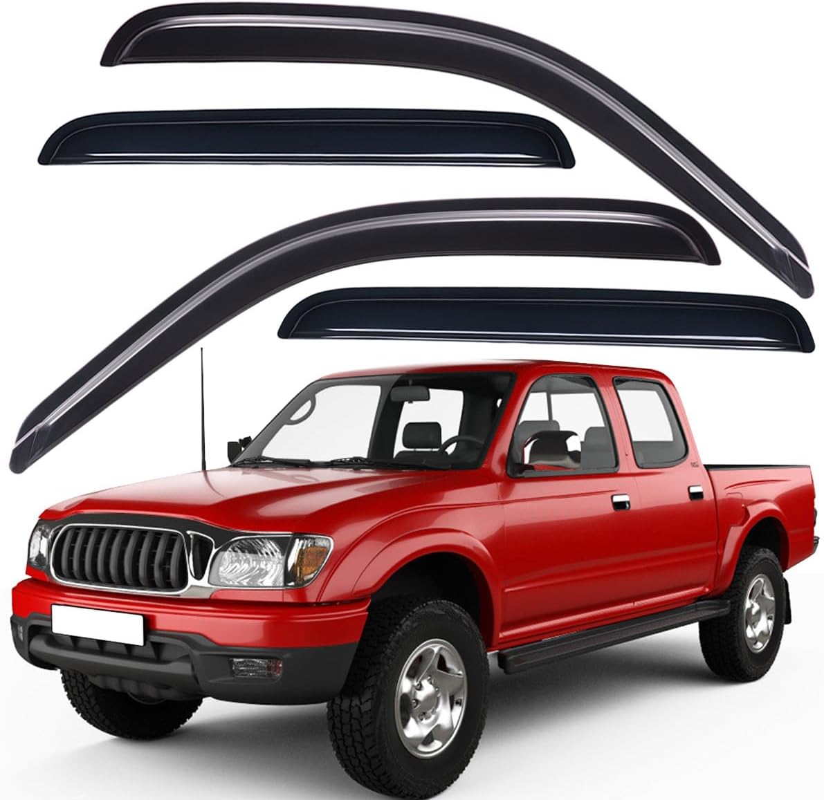 Lightronic WV94405 Outside Mount Side Window Deflectors Visors Vent Rain Guards, Dark Smoke, 4-Pieces Set, Fits 2001-2004 Toyota Tacoma Double Cab