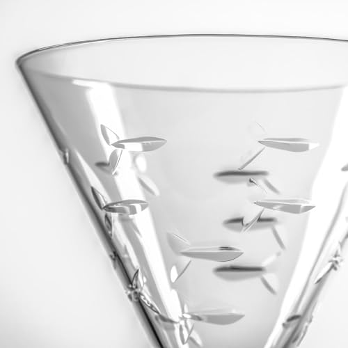Rolf Glass School of Fish Martini Glass | Stemmed 7.5 oz. Martini Glasses | Lead-Free Glass | Diamond-Wheel Engraved Cocktail Glasses | Made in the USA (Set of 2)