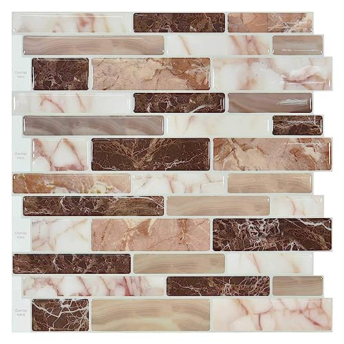 Art3d Peel and Stick Backsplash Tiles for Kitchen, 10-Sheet Stick on Wall Tiles for Kitchen Bathroom Laundry Room Back Splashes, 12 x 12 Inch, Brown Stone Design
